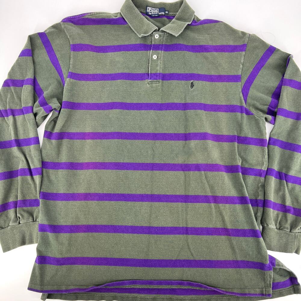 VTG USA Polo Ralph Lauren Mens Long Sleeve Cotton Polo Shirt Green Purple XXL